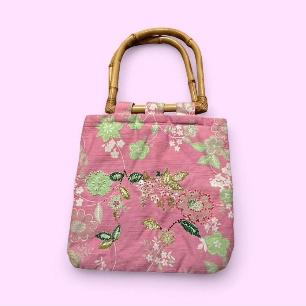 Vintage Hand Made Beaded Pink Floral Bag with Bamboo Handles